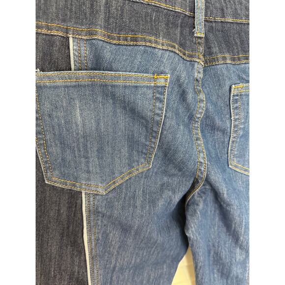 Venus Women’s Patchwork Flare Jeans Size 6 Blue Two-Tone Raw Hem Boho Festival - Picture 3 of 9